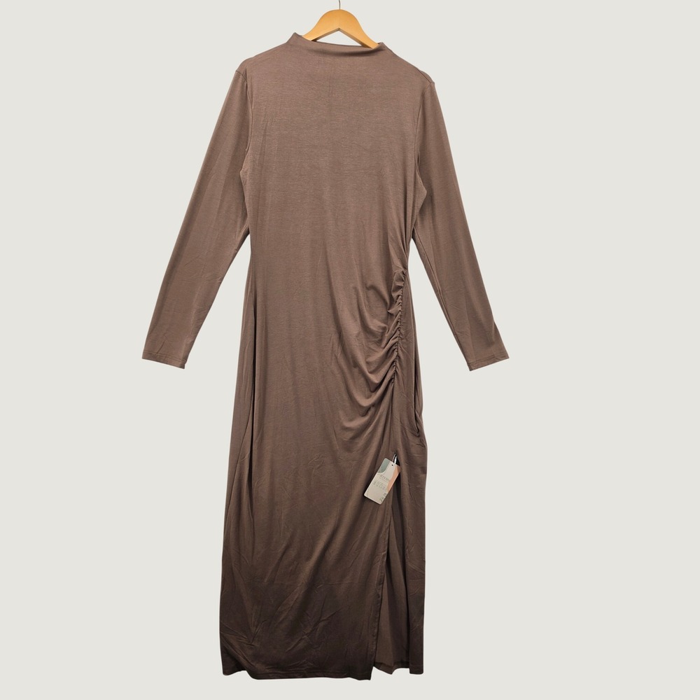 BTFBM Brown Ruched Side Slit Mock Neck Long Sleeve Maxi Dress XL NWT New
